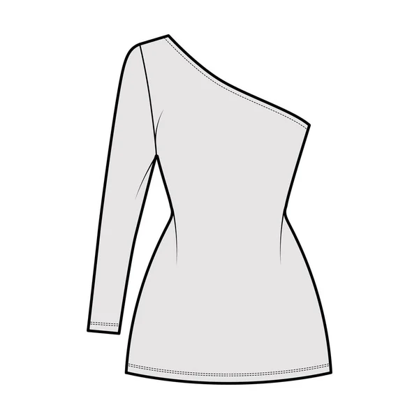 Φόρεμα ενός ώμου τεχνική εικόνα μόδας με μακρύ μανίκι, εξοπλισμένο σώμα, μίνι μήκος φούστα μολύβι. Επίπεδη ένδυση — Διανυσματικό Αρχείο