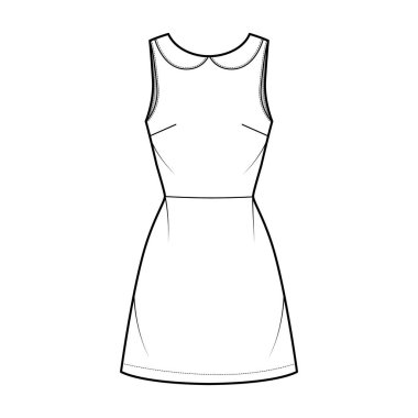 Kolsuz, Peter Pan yakalı, düzgün vücutlu, diz üstü etekli A-line teknik moda illüstrasyonu