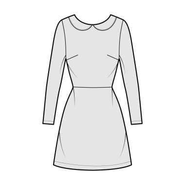 Uzun kollu, uzun kollu, geniş yakalı, düzgün vücutlu, diz üstü etekli bir moda çizimi.