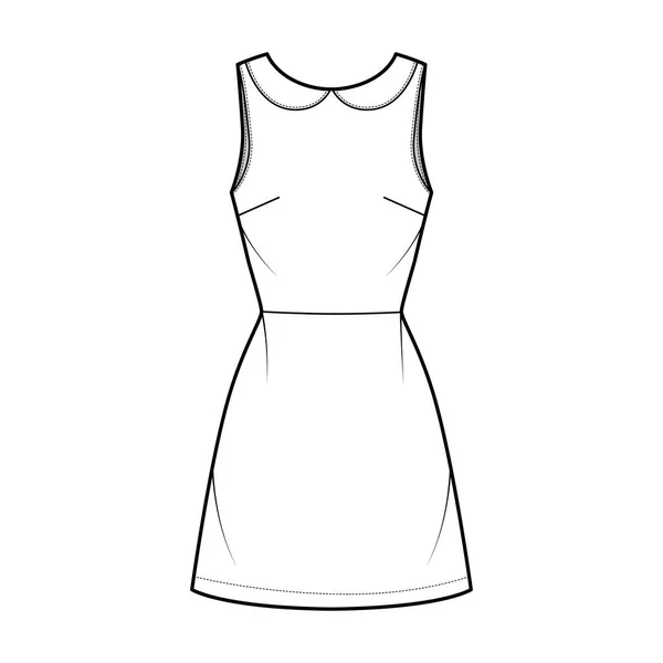 Vestido A linha de ilustração de moda técnica com mangas, peter pan collar, corpo equipado, acima do joelho saia de comprimento —  Vetores de Stock