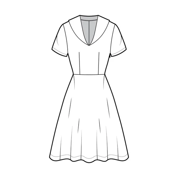 Платье моряк техническая мода иллюстрация с средним воротником, короткий рукав, оснащенный тело, длина колена круглая юбка. — стоковый вектор