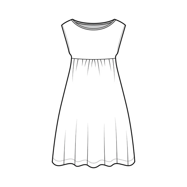 Vestido babydoll ilustração de moda técnica com mangas, corpo de grandes dimensões, joelho comprimento saia A-line, pescoço barco. Plano — Vetor de Stock