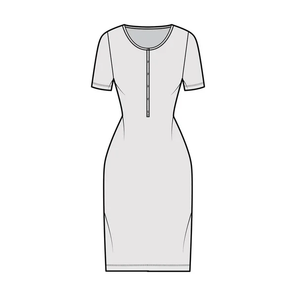 Vestido cuello henley ilustración técnica de moda con mangas cortas, cuerpo ajustado, longitud de rodilla falda lápiz Frente plano — Vector de stock