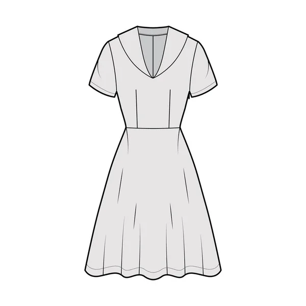Kleid Matrose technische Mode Illustration mit mittlerem Kragen, kurzen Ärmeln, taillierten Körper, knielangen kreisförmigen Rock. — Stockvektor
