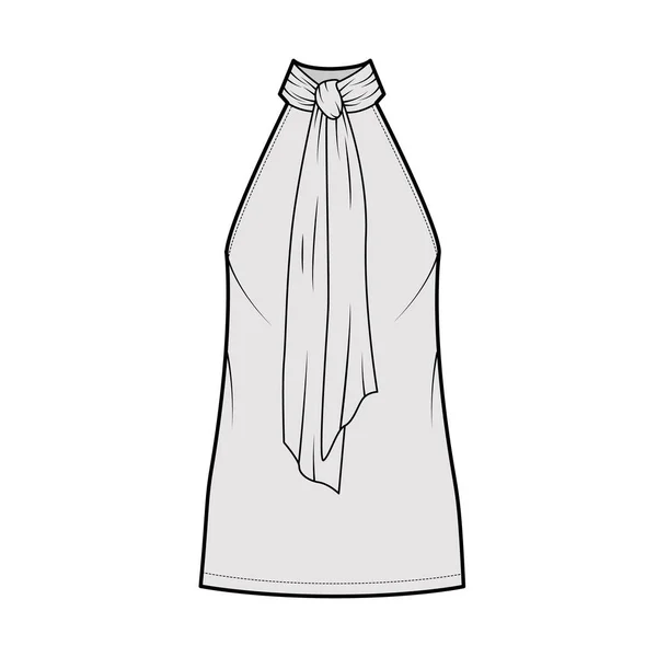 Vestido cuello arco técnica moda ilustración con alto escote halter, sin mangas, cuerpo de gran tamaño, mini falda de longitud — Vector de stock