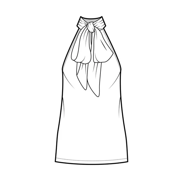 Vestido pescoço arco técnico moda ilustração com decote halter alta, sem mangas, corpo de grandes dimensões, mini saia de comprimento —  Vetores de Stock