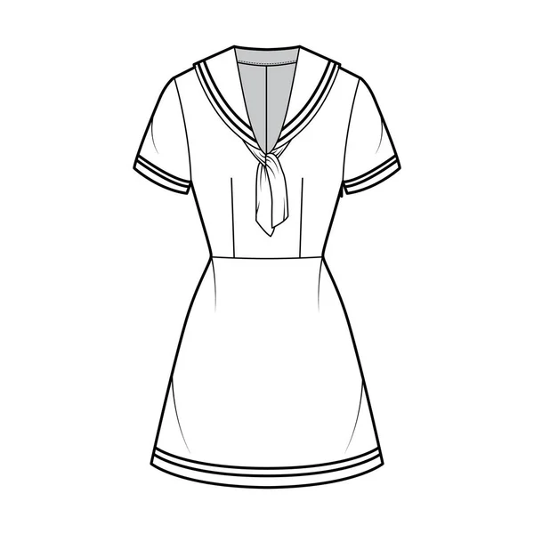 Vestido marinero ilustración técnica de moda con manga corta, ajustado, cuello medio, rayas, mini falda de lápiz de longitud — Vector de stock