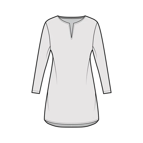 Vestido túnica técnica de moda ilustração com mangas compridas, corpo de grandes dimensões, mini saia de comprimento, cortado vestuário pescoço — Vetor de Stock