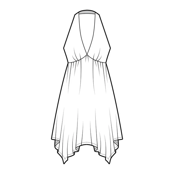 Vestido pañuelo dobladillo chemise moda técnica ilustración con sin mangas, imperio halter escote, falda circular — Vector de stock