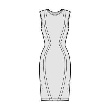 Kum saati silüeti, kolsuz, vücuduna uyumlu, diz boyu kalem etekli pano teknik tasviri.