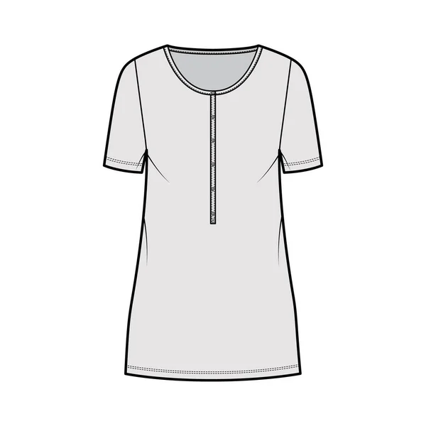 Vestido henley cuello ilustración técnica de moda con mangas cortas, cuerpo de gran tamaño, mini falda de lápiz de longitud. Plano — Vector de stock