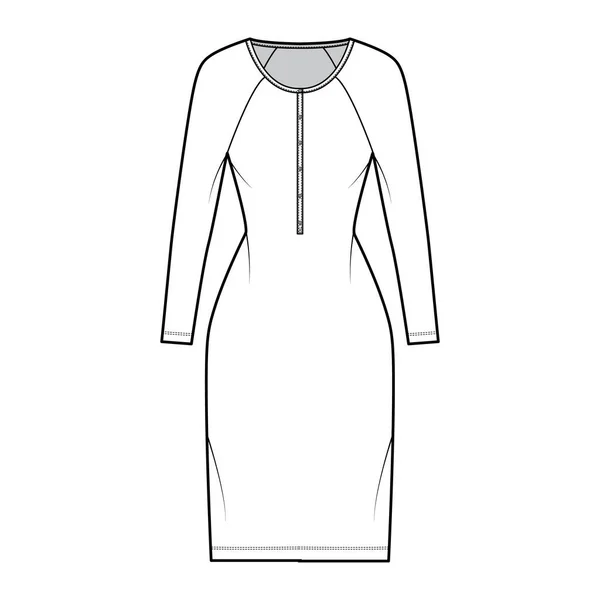 Vestido henley cuello ilustración técnica de moda con mangas largas raglán, cuerpo ajustado, falda de lápiz longitud rodilla. Plano — Archivo Imágenes Vectoriales