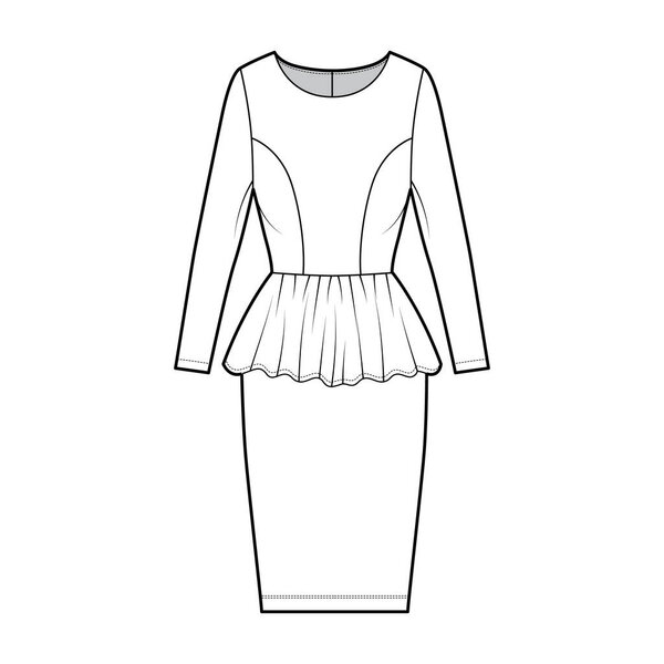 Dress peplum technical fashion illustration with long sleeves, fitted body, knee length sheath skirt, round neck. Flat 