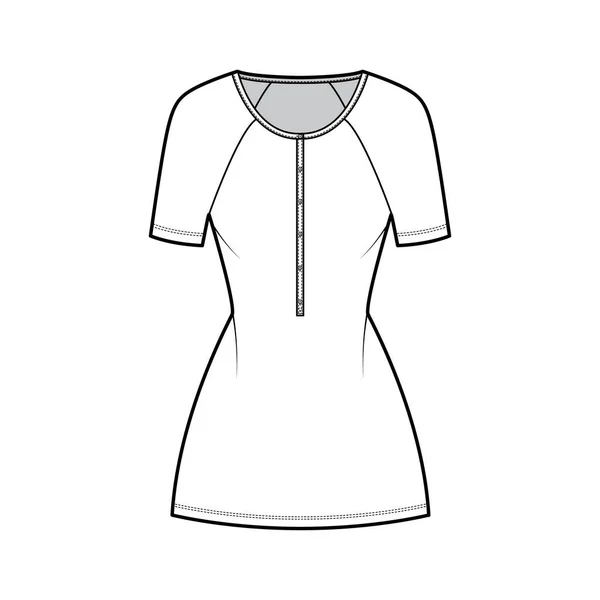 Dress henley collar technical fashion illustration with short raglan sleeves, fitted body, mini length pencil skirt Flat — Stock Vector