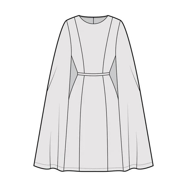 Klänning cape kemisera teknisk mode illustration med monterad kropp, knälängd penna kjol. Platt klädsel fram, bak — Stock vektor