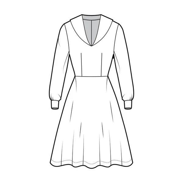 Sukienka marynarz techniczne moda Ilustracja z middy kołnierz, długi rękaw z mankietem, wyposażony, długość kolana okrągły spódnica — Wektor stockowy