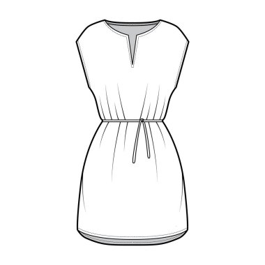 Elbise ceketi teknik tasviri, kravat, kolsuz, büyük beden, mini etek, kesik boyun. Düz