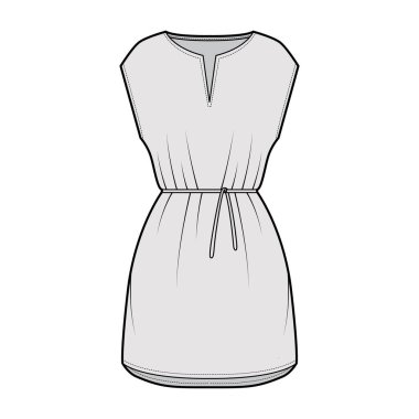 Elbise ceketi teknik tasviri, kravat, kolsuz, büyük beden, mini etek, kesik boyun. Düz