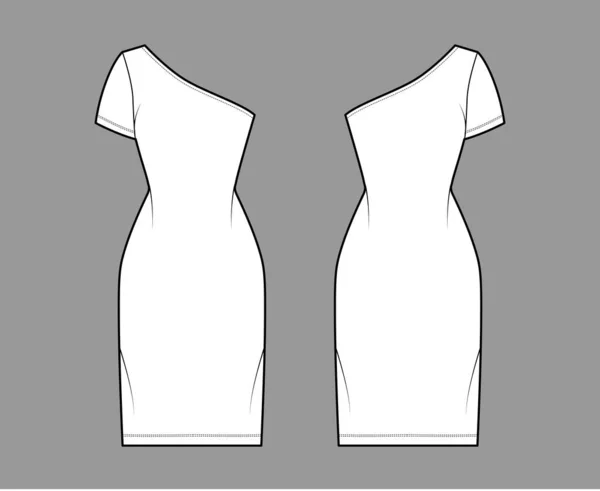 Vestido de una ilustración de moda técnica hombro con manga corta, cuerpo ajustado, falda de lápiz de longitud de rodilla Ropa plana — Vector de stock
