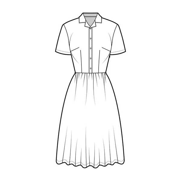 Sukienka dom koszula techniczna moda ilustracja z krótkimi rękawami, długość kolana pełna spódnica, klasyczny kołnierz henley. Mieszkanie — Wektor stockowy