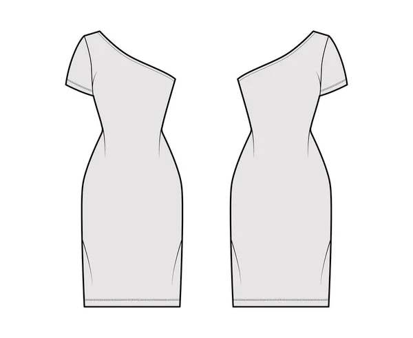 Vestido de una ilustración de moda técnica hombro con manga corta, cuerpo ajustado, falda de lápiz de longitud de rodilla Ropa plana — Vector de stock