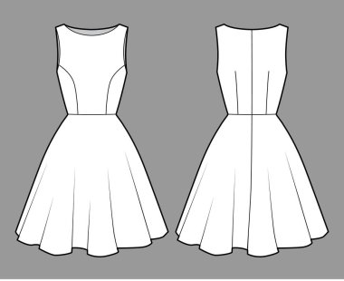 Kolsuz, büyük bedenli, diz boyu etekli dairesel teknik moda çizimi. Düz giysi.