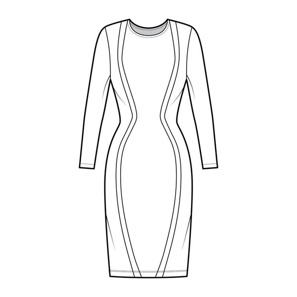 Dress panel technical fashion illustration with hourglass silhouette, long sleeves, fitted, knee length pencil skirt