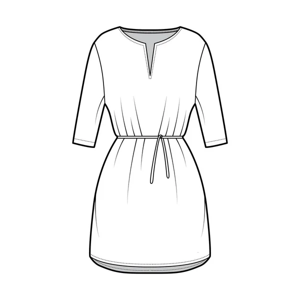 Vestido túnica técnica ilustración de moda con corbata, mangas de codo, cuerpo de gran tamaño, mini falda de longitud, cuello cortado — Vector de stock