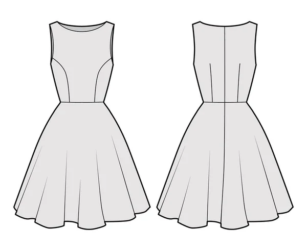 Kleid kreisförmige technische Modeillustration mit ärmellosem, überdimensionalem Körper, knielangem Rock. Flache Kleidung — Stockvektor