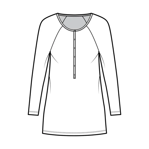 Dress henley collar technical fashion illustration with long raglan sleeves, oversized body, mini length pencil skirt — Stock Vector