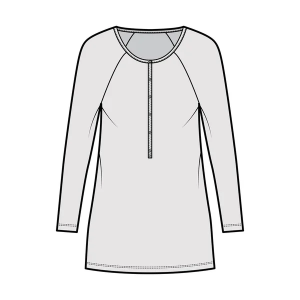 Dress henley collar technical fashion illustration with long raglan sleeves, oversized body, mini length pencil skirt — Stock Vector