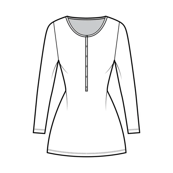 Платье ошейник техническая мода иллюстрация с длинными рукавами, оснащенный корпус, мини-юбка карандаш длиной плоская одежда — стоковый вектор