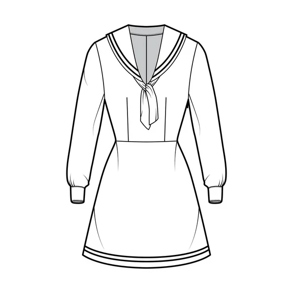 Šaty námořník technické módní ilustrace s dlouhým rukávem s manžetou, montované tělo, střední límec, pruhy, mini délka — Stockový vektor
