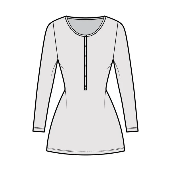 Платье ошейник техническая мода иллюстрация с длинными рукавами, оснащенный корпус, мини-юбка карандаш длиной плоская одежда — стоковый вектор