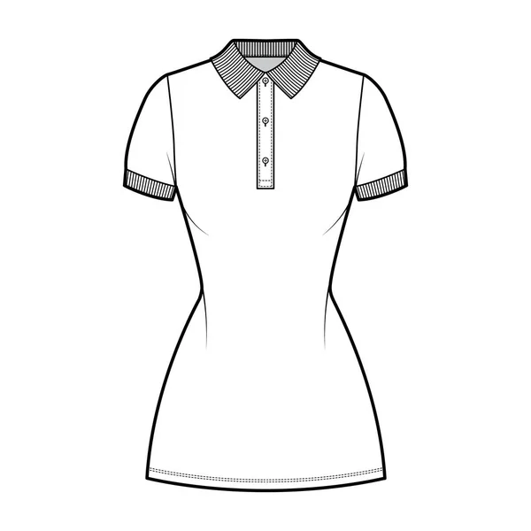 Ilustración de moda de polo vestido con mangas cortas, cuerpo ajustado, mini falda de lápiz de longitud, escote henley. Ropa plana — Vector de stock