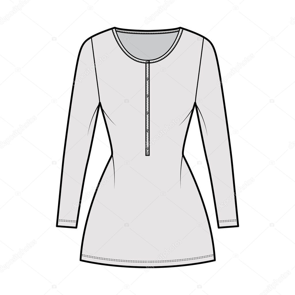 Dress henley collar technical fashion illustration with long sleeves, fitted body, mini length pencil skirt Flat apparel