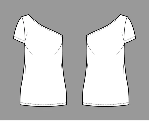 Šaty jeden rameno technické módní ilustrace s krátkým rukávem, nadrozměrné tělo, mini délka tužka sukně — Stockový vektor