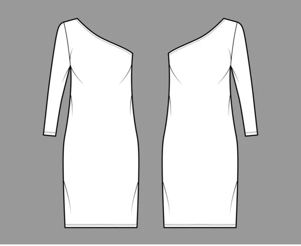 Vestido de un hombro ilustración de moda técnica con manga larga, cuerpo de gran tamaño, longitud de rodilla lápiz falda ropa — Vector de stock