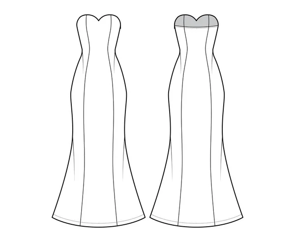 Платье труба техническая мода иллюстрация с безбрежным декольте возлюбленной, оснащенный корпус, максимальная длина круглая юбка — стоковый вектор