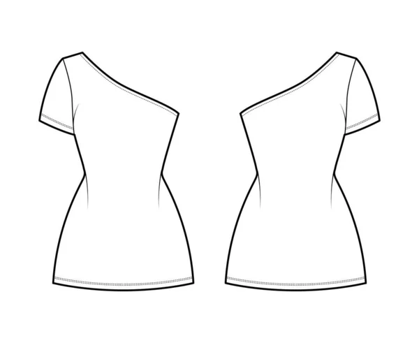 Viste una ilustración de moda técnica hombro con manga corta, cuerpo ajustado, mini falda de lápiz de longitud. Ropa plana — Vector de stock