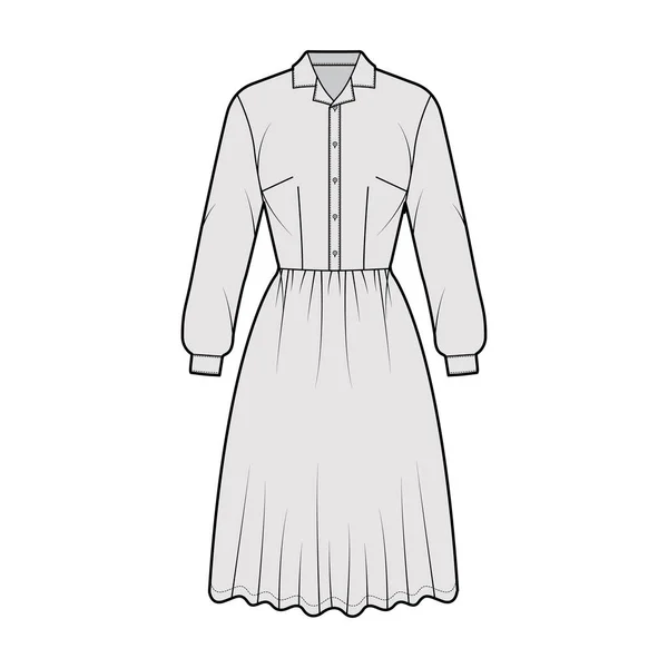 Дресс-хаус рубашка техническая мода иллюстрация с длинными рукавами с манжетами, длина колена полная юбка, воротник henley — стоковый вектор