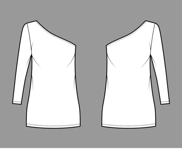 Платье одного плеча техническая мода иллюстрация с длинным рукавом, крупногабаритное тело, мини длиной карандаш юбка одежды — стоковый вектор