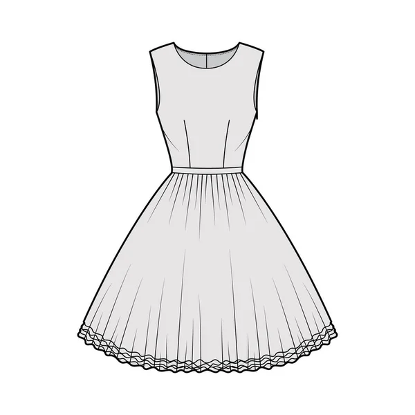 Ilustracja moda techniczna sukienka tutu z rękawami, dopasowany korpus, długość kolana okrągła spódnica. Odzież z baletu płaskiego — Wektor stockowy