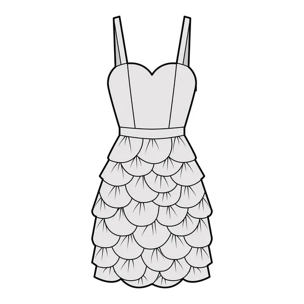 Платье лепесток хемиз техническая мода иллюстрация с тонкими ремнями, без рукавов, оснащенный тело, юбка длиной в колено. Плоская квартира — стоковый вектор