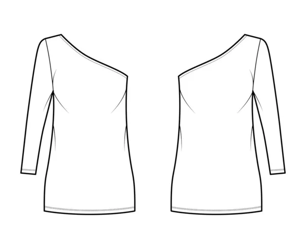 Sukienka jedno ramię techniczne moda Ilustracja z długim rękawem, przerośnięte ciało, mini długość ołówek spódnica odzież — Wektor stockowy