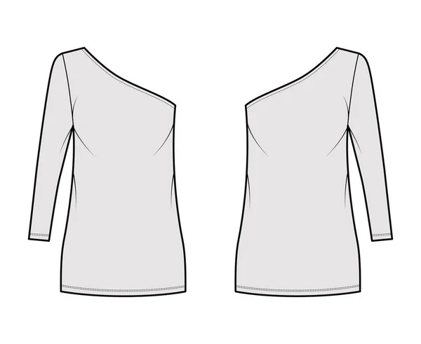 Vestido de un hombro ilustración técnica de la moda con manga larga, cuerpo de gran tamaño, mini longitud lápiz falda ropa — Vector de stock