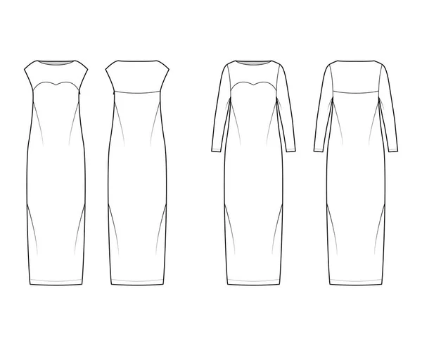 Set of Dresses column technical fashion illustration with long sleeves, sleeveless, floor maxi length pencil skirt — Stock Vector
