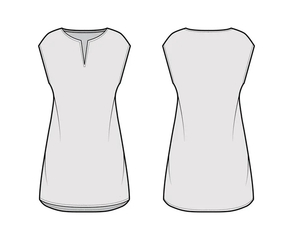 Sukienka tunika moda techniczna Ilustracja z rękawami, przerośnięte ciało, spódnica mini długość, pocięty dekolt odzież — Wektor stockowy