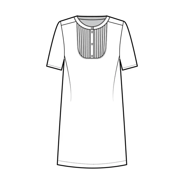 Klänning haklapp pintucked teknisk mode illustration med henley halsringning, kort ärm, överdimensionerad kropp, knälängd — Stock vektor