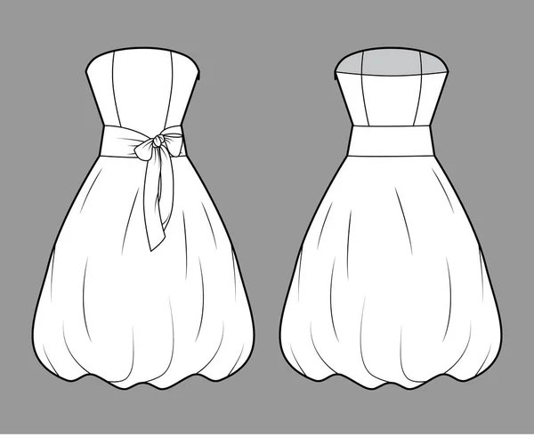 Vestido bolha técnica moda ilustração com strapless, arco, sem mangas, corpo equipado, saia de comprimento do joelho — Vetor de Stock